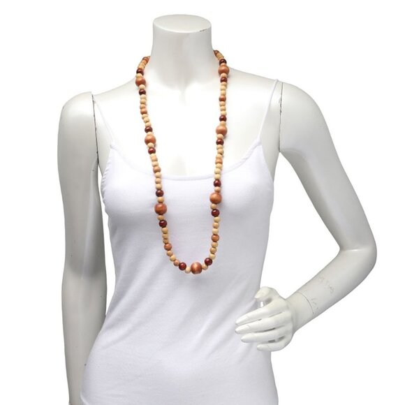 Vintage 70s Celebrity Signed Wood Bead Necklace Boho Strand Wooden Browns Gold - Picture 7 of 7